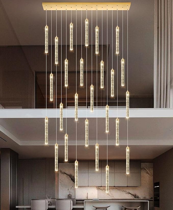 Rectangular Chandeliers 26-Lights Long Light for Entryway LED Dimmable Chandeliers Lighting Fixture Flat Sloped High Ceiling Pendant Lights Crystal for Living Room Foyer Hallway Staircase Gold