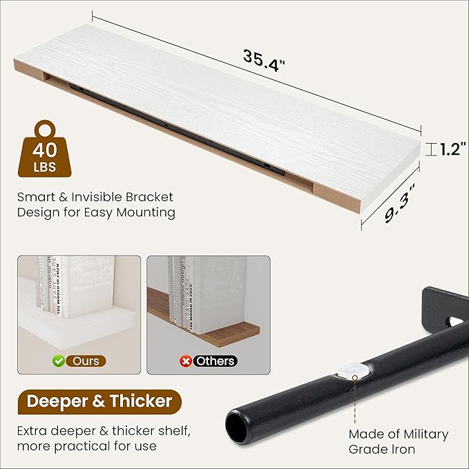 36 Inch Floating Shelves, 9.3 Inch Deep Rustic Wall Shelves - Extra Deeper Wall Mounted Storage Shelves for Bathroom, Kitchen, Living Room (White, Set of 2)