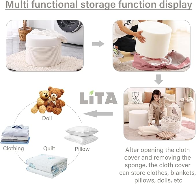 LITA Round Stuffed Pouf Ottoman, Velvet Poufs with High-Density Foam Filling and Washable Cover, Furry and Fluffy Bean Bag Foot Stools Ottoman for Living Room, Bedroom, Office, Grey