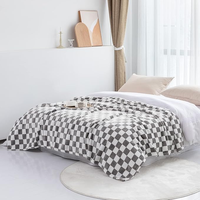 LOMAO Throw Blankets Flannel Blanket with Checkerboard Grid Pattern Soft Throw Blanket for Couch, Bed, Sofa Luxurious Warm and Cozy for All Seasons (Grey, 60"x80")