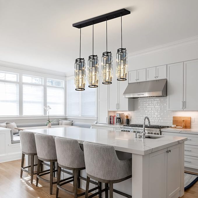 LMQNINE 4 Light Black Pendant Lighting Modern Pendant Light, Mini Crystal Chandeliers,Adjustable Pendant Light Fixture for Kitchen Island Dinning Room Bedroom (Black 4-Light)