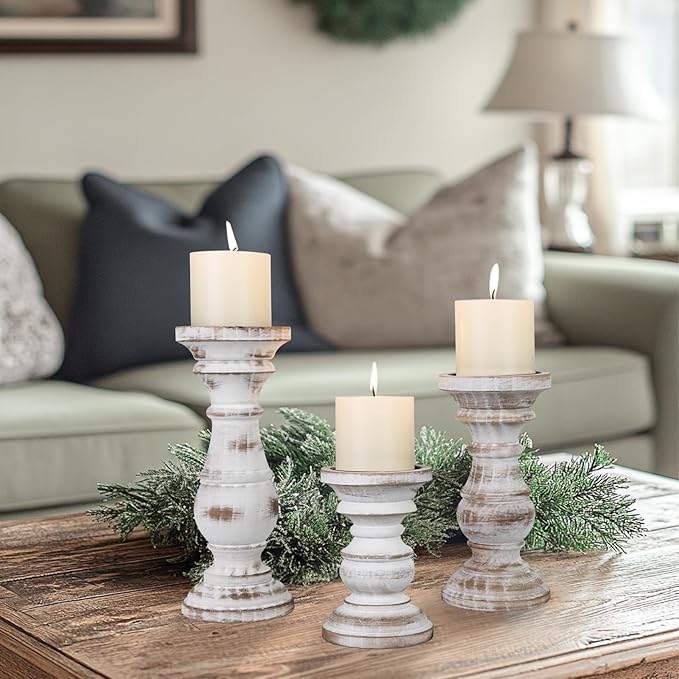 Candle Holder for Pillar Candle Set of 3, Farmhouse Wood Candle Holder, Rustic Wooden Candle Stand, Decorative Wood Candlestick Holders for Living Room, Table Centerpiece (Antique White)