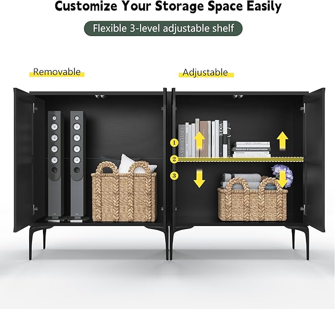 3More Accent Cabinet with 2 Doors,Sideboard Buffet Cabinet with Iron Legs and Adjustable Shelf,3D Lattice Design for Living Room, Entrance, Dining Room,Black