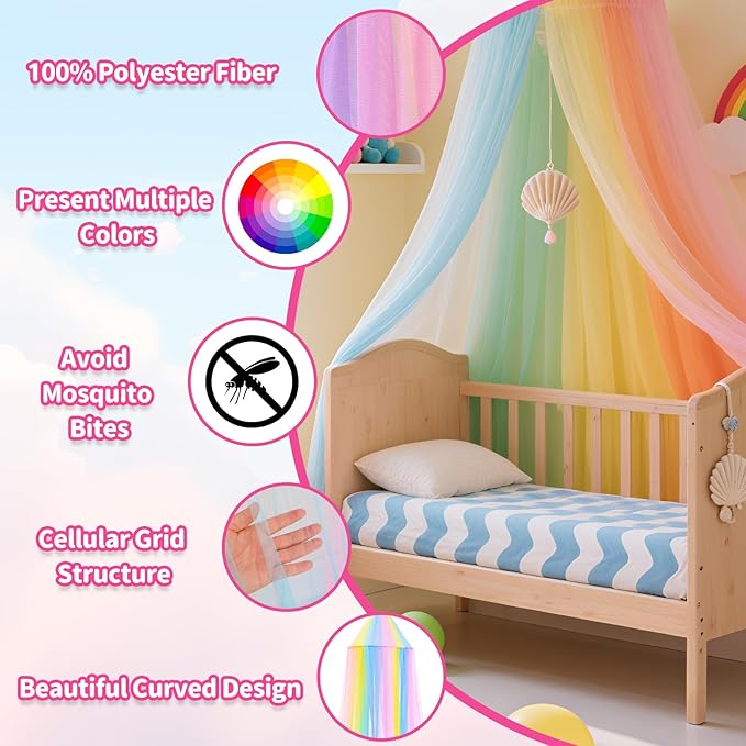 Rainbow Princess Bed Canopy for Girls, Mosquito Net Bed Canopy for Twin/Full/Queen Size Bed, Hanging Bed Net, Bedroom Decor with Hanging Kit, Easy Install Travel Canopy with Storage Bag