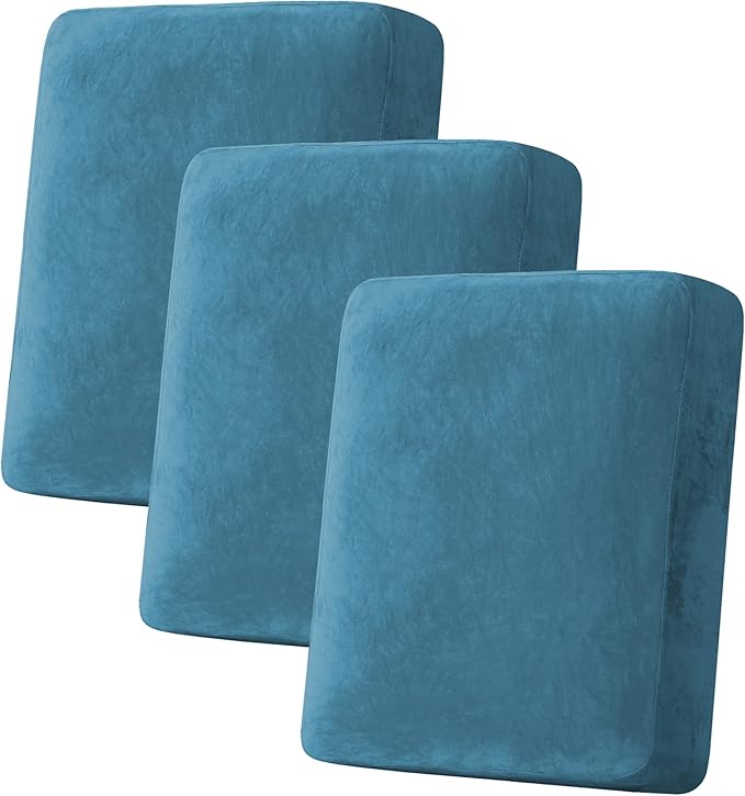 H.VERSAILTEX Velvet Stretch Couch Cushion Cover Plush Cushion Slipcover for Chair Loveseat Sofa Cushion Furniture Protector Seat Cushion Sofa Cover (3 Piece Sofa Cushion Covers, Peacock Blue)