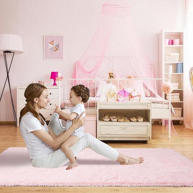 Pink Fluffy Rugs for Bedroom Girls: Area Rug 6x9 Pink Fuzzy Rug for Kids Room - Furry Rug Living Room Bedroom Decor