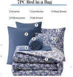 King Comforter Set -7 Pieces Floral Oxford Blue Comforter Set for All Seasons, Bed in a Bag King with Botanical Flowers Comforter, Sheets, Pillowcases & Shams