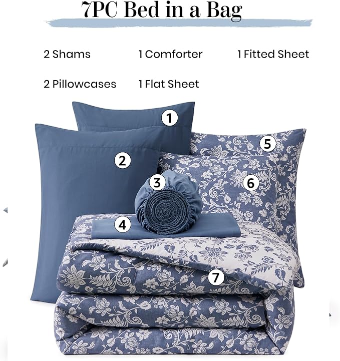 Queen Comforter Set -7 Pieces Floral Oxford Blue Comforter Set for All Seasons, Bed in a Bag Queen with Botanical Flowers Comforter, Sheets, Pillowcases & Shams