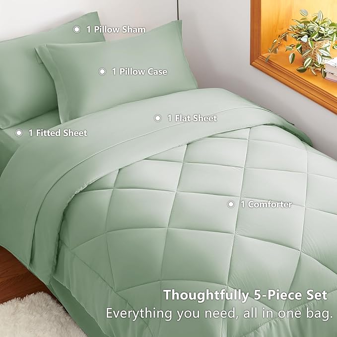 CozyLux Twin XL Comforter Set Sage Green - 5 Pieces Twin Extra Long Bed in a Bag for College Dorm, All Season Bedding Set for Girls and Boys, Soft Bed Set with Comforter, Sheets, Pillowcase & Sham