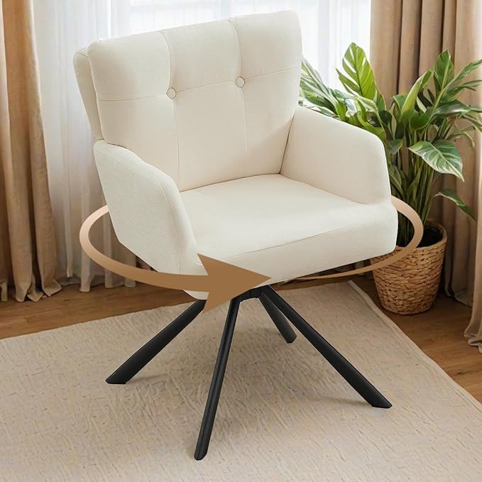 Fabric Dining Chair Modern Upholstered Swivel Dining Room Chairs Comfy Accent Armchair with Mid Back, Desk Arm Chair No Wheels for Kitchen/Living Room/Dining Room, White