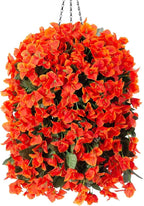 Bougainvillea Artificial Fall Flowers Fake Plants for Outdoors Autumn Decoration, 3PCS Faux Silk Hanging Trailing Vines with Baskets UV Resistant Realistic for Front Door Porch Patio Balcony, Orange