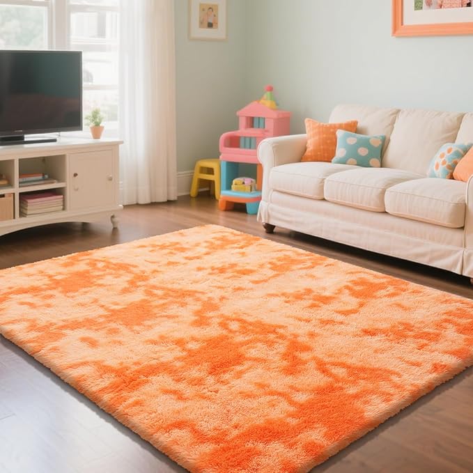 Mottling Orange Fluffy Rug Shaggy Area Rug, 3x5 Area Rugs for Girls Bedroom, Soft Cute Baby Play Mat, Indoor Floor Carpet for Teen, Nursery, Preppy Dorm, Plush Aesthetic Bedside Rug
