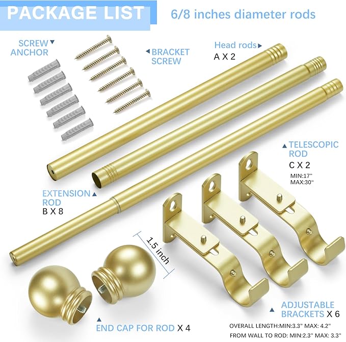 Curtain Rods for Windows 16 to 92 Inches, Curtain Rod Max Adjustable Length of 104 IN, 6/8" Diameter Drapery Rods Round Finials, Warm Gold, Pack of 2