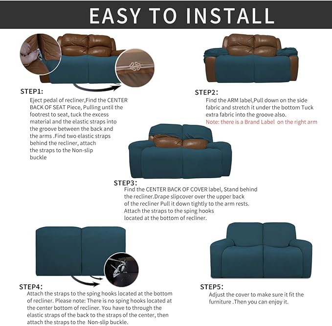 Easy-Going 6 Pieces Recliner Loveseat Stretch Sofa Slipcover Sofa Cover Furniture Protector Couch Soft with Elastic Bottom Kids, Spandex Jacquard Fabric Small Checks Deep Teal