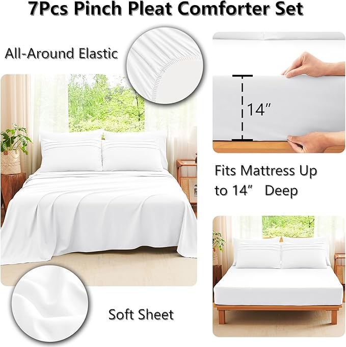 CozyLux Full Size Comforter Sets White, 7 Pieces Soft Pinch Pleat Bed in a Bag Full Comforter Set with Sheets, Boho Bed Set with Down Alternative Comforter, Sheets, Pillowcases & Shams
