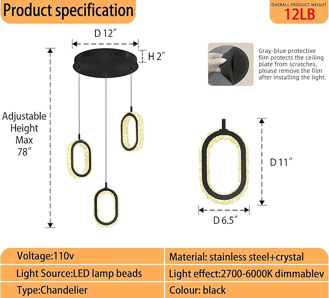 Dimmable Oval Pendant Light Modern LED Pendant Lights for Kitchen Island Adjustable Crystal Ring Chandelier for Dining Room Bedroom Living Room 3-Light Black