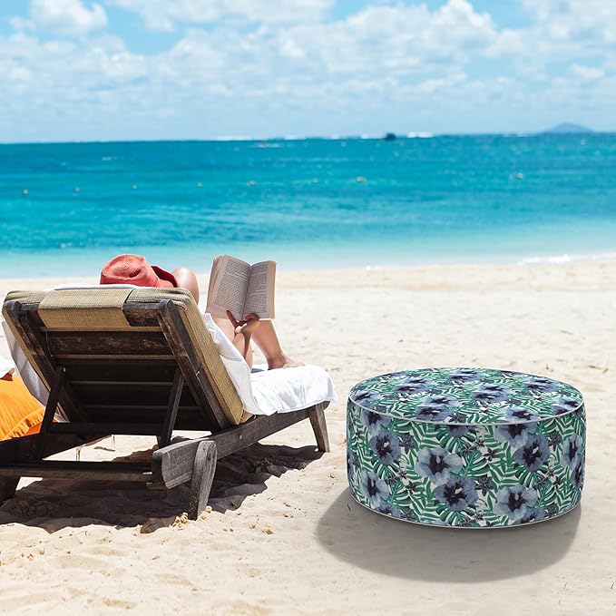 LVTXIII Indoor/Outdoor Inflatable Ottoman, D31 x H14 Inch Large Round Ottoman, All Weather Foot Rest Stool, Portable Footrest for Patio, Garden, Camping and Home - Blue Salmone Tropical