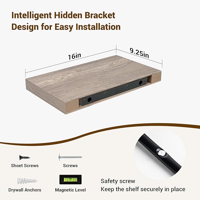 16 Inch Floating Shelves, 3D Textured Wood Grain, 16"x9.25"x1.5" Inch Deep Floating Shelves for Wall, Wooden Shelves for Bathroom, Bedroom, Living Room, Vintage Gray Oak, 2 Pieces