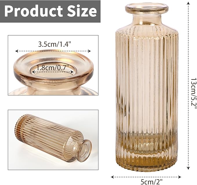 Glass Bud Vases Set of 20, Living Bud Vases, Small Bud Vase in Bulk, Mini Flowers Vases for Centerpiece, Vintage Decorative Vase Set for Table Decorations, Wedding Reception, Home Decor (Amber)