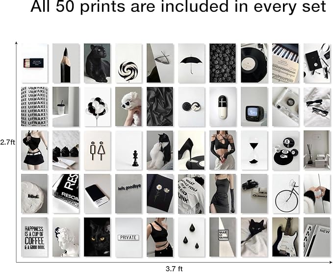Mystic Black & White Aesthetic Wall Collage Kit – 50 Bold & Mysterious Photos, 4"x6" Semi-Gloss Prints for Teen Girls Dorm Room Decor, Monochrome Minimalist Art, Ideal Gift for Birthday & Graduation