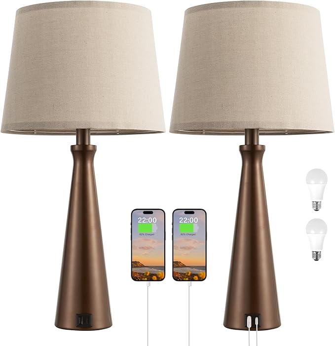 Seealle Modern Table Lamps Set of 2 - Touch Bedside Lamp for Nightstand with USB C+A,3-Way Dimmable Brown Nightstand Lamps for Living Room Bedroom End Table with Oat Shade(Bulb Included)