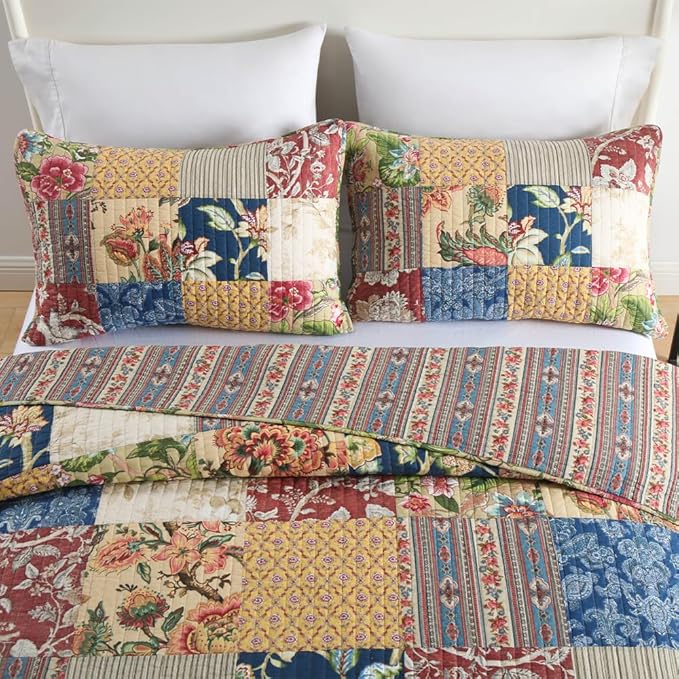 Cotton Bedspread Quilt Sets Reversible Bedding Coverlet Sets 3 Pieces Gorgeous Rustic Vintage Floral Red Yellow Patchwork Bedspread, King Size