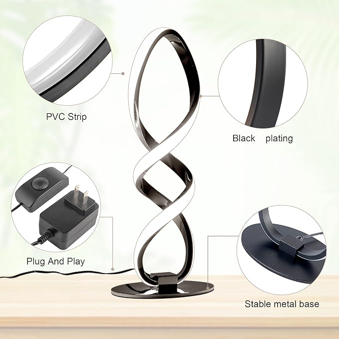 Modern Table Lamp - Stepless Dimmable LED Spiral Lamp, Black, 12W, 3200K, Warm White, Contemporary, for Bedroom, Living Room