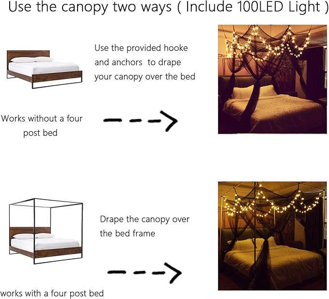 8 Corner Bed Canopy with 100 LED Star String Lights Battery Operated, Bed Netting Unique Style 4 Door Square Canopy Bed Curtains Canopy - Suggested for Twin Full Queen King Bed