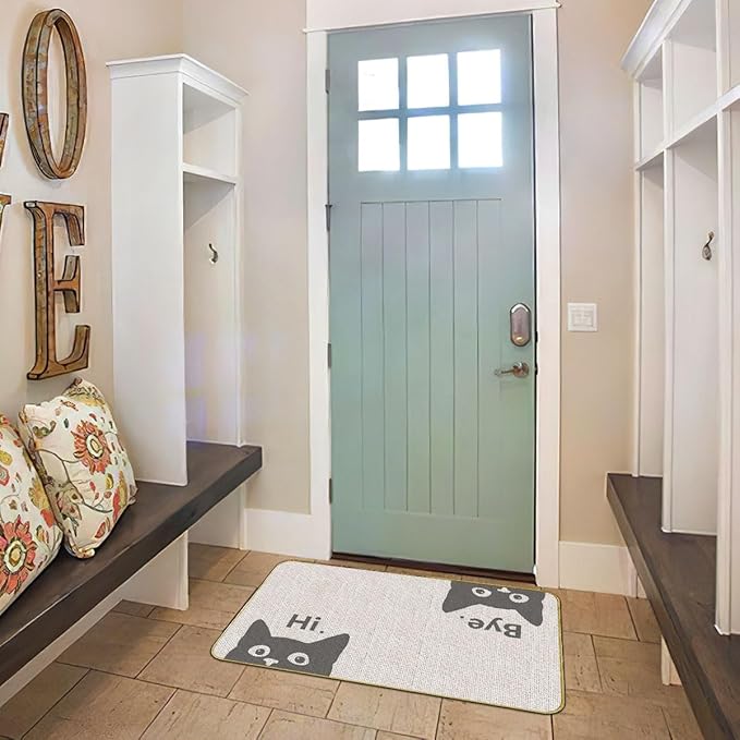 Mingnei Hi Bye Cat Welcome Doormat Door Mat for Home Kitchen Entrance,Cat Door Mat,Funny Black Lover Floor Mats for House Front Indoor Inside Outdoor Outside Entryway Rug 30x17 Welcome Mat (Color-2)