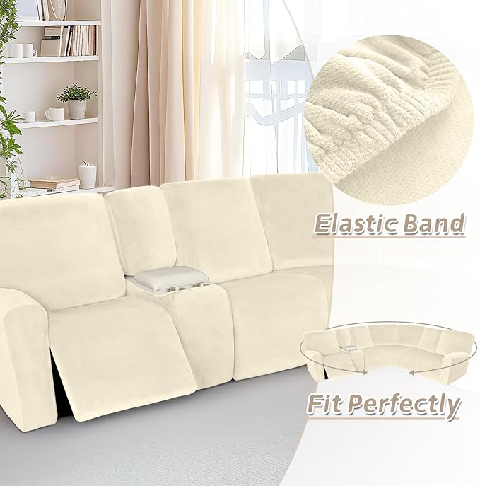 Arfntevss Sectional Recliner Couch Covers Velvet Washable Corner Sectional Sofa Cover for Reclining Stretch Soft Thick L Shape Recliner Slipcover Set (5 Seat with 1 Console Cover, Beige)
