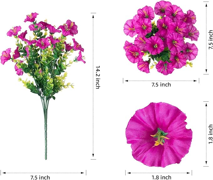 HyeFlora Artificial Flowers for Outdoors Fake Plants Outside Decoration, 12 Bundles Silk Colorful Morning Glory with Eucalyptus UV Resistant Realistic Faux Flowers for Planter Front Door Garden Yard