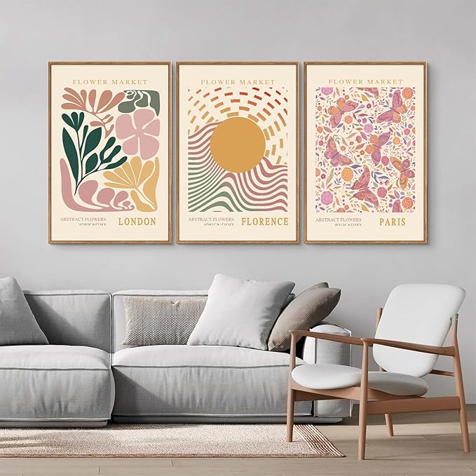 Tinonedraw Boho Flower Market Framed Canvas Wall Art Set, Pink Beige Cute Butterfly Wall Decor, Colorful Abstract Floral Wall Painting, Modern Matisse Art Print for Girls Room Bedroom Office Nursery 16"x24"x3