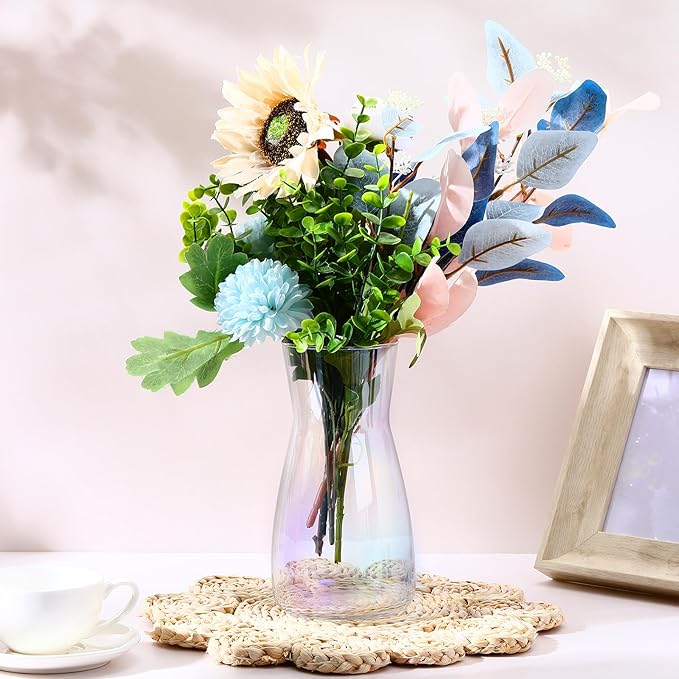 Thenshop 10 Pcs 8'' Tall Clear Flower Vase Wide Mouth Crystal Glass Boho Decorative for Centerpieces Bulk Tall Vase for Flower Bouquets Rustic Home Decor Wedding Housewarming Gift (Neon Clear)