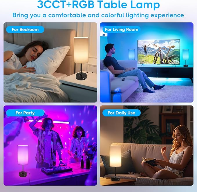 Unicozin Table Lamp, 3 CCT 3000K/4500K/6500K & RGB Color Changing, Stepless Dimmable, 17Inch Bedside Lamp for Reading, Ambience Nightstand Light for Home Decor Party, White Shade