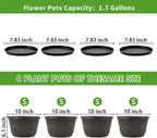 Quarut 10 inch Plastic Flower Pots for Outdoor Plants，4 Pack Large Outdoor Planter Pot with Drainage Holes & Saucers，Imitation Wine Barrel Design，for Indoor Outdoor Garden Plants（Brown）