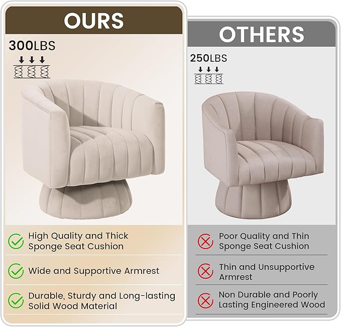 Kromax Swivel Accent Chair with Armrest, Mid Century 360 Degree Swivel Barrel Chair Overstuffed Tufted Velvet, Ideal for Living Room, Bedroom, Reading Room, Beige