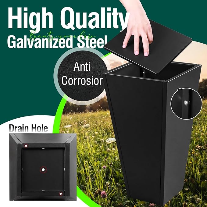 Tall Black Planter Tapered Metal Modern Flower Plant Pot Black Square Galvanized Steel Planter 30In Indoor Outdoor for Front Porch Garden Patio Grande Plant Tree Commercial Residential Heavy Duty