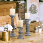 Rustic Wooden Pillar Candle Holders Set of 3, 12'' 9'' 6'' Farmhouse Wood Candle Stand for Table Centerpieces, Vintage Tall Candleholders Fireplace Mantel Decor for Living Room, Grey