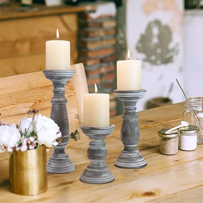 Rustic Wooden Pillar Candle Holders Set of 3, 12'' 9'' 6'' Farmhouse Wood Candle Stand for Table Centerpieces, Vintage Tall Candleholders Fireplace Mantel Decor for Living Room, Grey