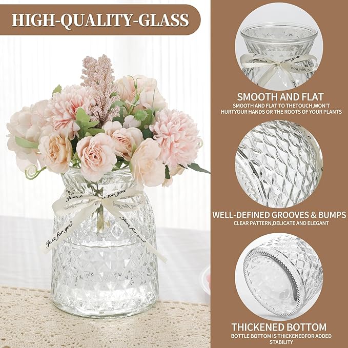 SOJOCK 2PACK Glass Flower Vases(Flowers NOT Included),6.3" High Diamond Pattern Vases,Vintage Vases for Centrepieces,Wedding Decorations,Home Table Flower Decorations