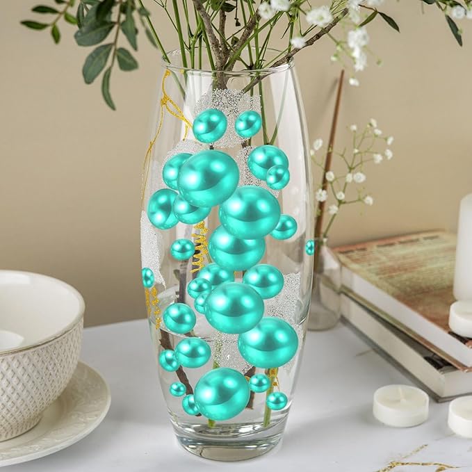 100PCS Lake Green Faux Pearls Beads for Centerpiece Vases, Vase Filler Faux Pearls, No Holes Filler Beads for Party Anniversary Birthday Wedding Table Decor, 14/20/30mm
