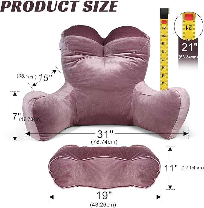 Reading Pillow Adults 31’’, Backrest Pillow with Arms for Sitting in Bed Couch Shredded Memory Foam, Back Pillow with Leg Pillow and Pockets for Reading/Gaming/Relaxing