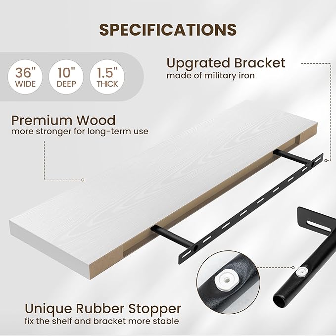 Floating Shelves Set of 2, 36 Inch Long Wooden Wall Shelves, 10 Inch Deep Wall Mounted Storage Shelf with Metal Brackets for Living Room, Bathroom, Bedroom and Kitchen, White