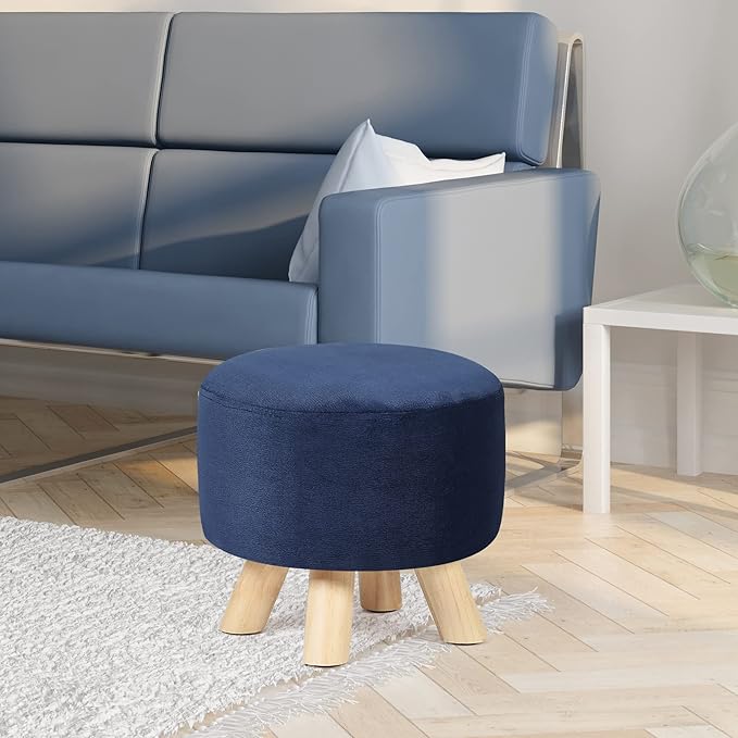 Asense Small Round Ottoman Foot Rest Stool Corduroy Fabric Padded Seat Footstool Ottoman with Anti-Slip Wooden Legs (Navy Blue,Corduroy)