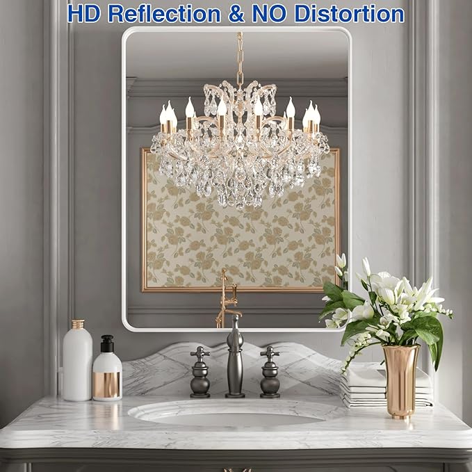 WEER White Bathroom Mirror 22X30 Inch, Rounded Rectangle White Metal Frame Mirror, Matte White Bathroom Vanity Mirror with Tempered Glass, Anti-Rust, Hangs Horizontally or Vertically