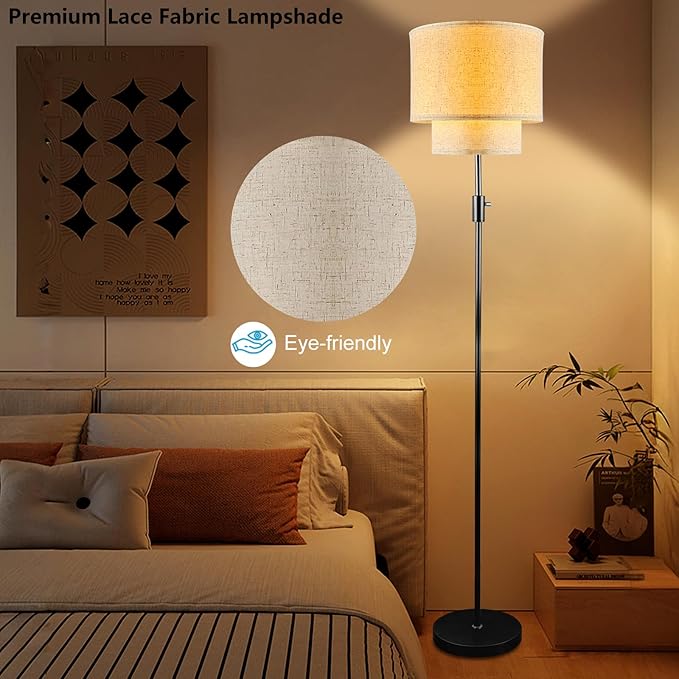 Lightdot 67IN LED Floor Lamp for Living Room, LED Standing Floor Lamps with Double Fabric Shade, E26 Bulb Included, Vintage Corner Lighting, Mid Century Floor Lamp for Bedroom Home Office-Black