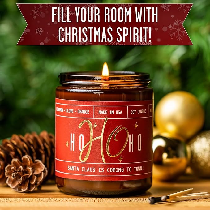 Christmas Candles for Holiday - 'Ho Ho Ho' Christmas Scented Candles, w/Clove, Orange & Cinnamon Candle I Stocking Stuffers for Women I 9oz Reusable Jar, 50Hr Burn, USA Made