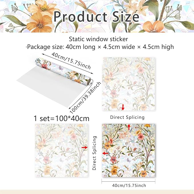 Stained Wildflower Window Film Decorative Flowers Static Glass Window Clings Stickers for Home Office Living Room Bedroom Glass Windows Door Decor 15.74 x 39.37 Inches
