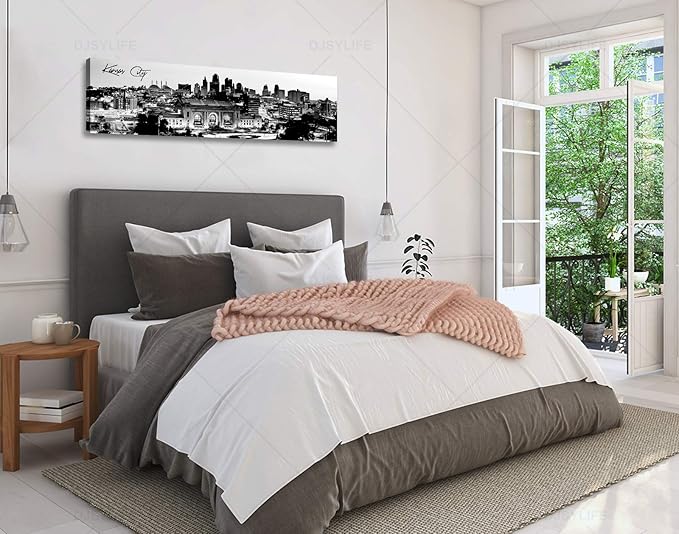 Pictures for Bedroom Black and White Wall Art Kansas City Panoramic Cityscape Skyline Canvas Art Prints for Living Room Office Home Decor Framed and Ready to Hang 13.8"x47.3"