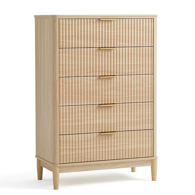 LINSY HOME Fluted Dresser for Bedroom with 5 Drawers, 46" Tall Mid Century Modern Dressers, Wide Boho Chest of Drawers, Large Wood Accent Storage Cabinet for Living Room, Curved Profile Design, Oak